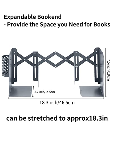 MSDADA Adjustable Bookends, Book Ends for Heavy Books, Expandable Book Organizer with Pen Holder for Desk, Shelf, Office,School, Thanksgiving for Students and Teachers (Grey) - color: Gray