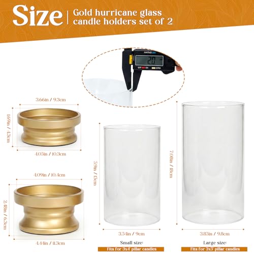 Gold Hurricane Candle Holders Set of 2 with Glass - Modern Pillar Candle Stands for Fireplace Mantel, Dining Table Centerpiece & Home Decor, 7.1" & 9" High