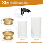 Gold Hurricane Candle Holders Set of 2 with Glass - Modern Pillar Candle Stands for Fireplace Mantel, Dining Table Centerpiece & Home Decor, 7.1" & 9" High