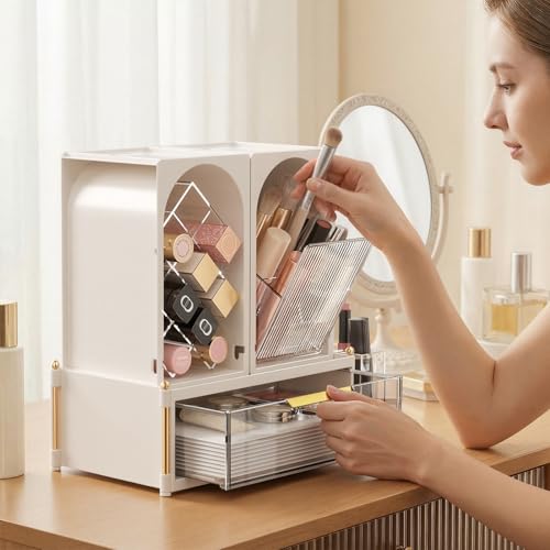INVSSENE Stackable Makeup Organizer Countertop, Storage Perfume Skincare Cosmetic Lipstick Face Mask Makeup Brush Palettes, Ideal for Vanity Bathroom Counter - color: 3515 White+Clear