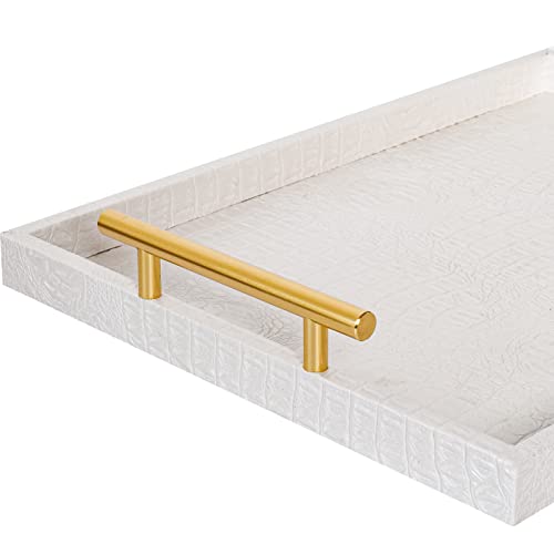 Set of 2 Modern Elegant Large Wood Serving Tray, Rectangle Decorative Tray Ottoman Tay Coffee Table Tray, Pearl White Crocodile Leather with Gold Polished Metal Handles - style: White Crocodile Tray