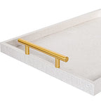 Set of 2 Modern Elegant Large Wood Serving Tray, Rectangle Decorative Tray Ottoman Tay Coffee Table Tray, Pearl White Crocodile Leather with Gold Polished Metal Handles - style: White Crocodile Tray
