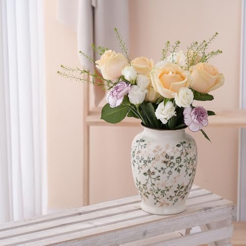 8″ Vintage Green and Beige Vase, Round Ceramic Floral Vases, Retro Ice Cracked Chinoiserie Vase for Home Decor, Living Room, Bookshelf, Office, Grand Millennial Decor, Rustic Table Centerpiece - color: 26b