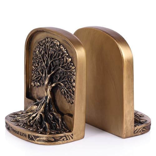 Resin Tree of Life Bookends Set, 2Pcs Decorative Non-Skid Book Ends for Heavy Books, Shelves, Bookcase or Desk - Antique Bronze Color Home Décor Gift, Library and Office Decor - color: Brown