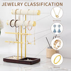 modern T-shaped jewelry rack, jewelry tower, gold metal, square ceramic base decoration display tower, necklace, bracelet, ring storage rack (2-layer beige velvet) - style: 2-layer beige velvet