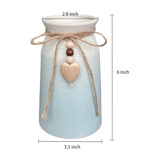 Elegant Ceramic Vase | 6-Inch Flower Vase with Jute Rope & Heart Charm | Modern, Farmhouse, & Boho Home Décor, Blue Color - color: Blue