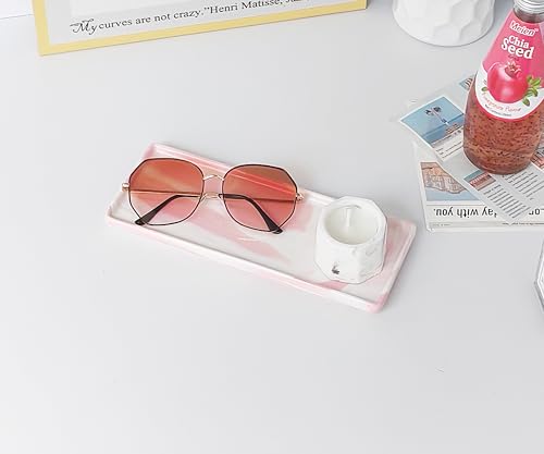 9.2" Porcelain Small Bathroom Tray, Ceramic Countertop and Vanity Tray for Cosmetics, Perfume, Jewelry, Candle - Kitchen Soap Tray for Kitchen Counter (Pink) - color: Pink, size: 9.2" x 3.6" x 0.6"