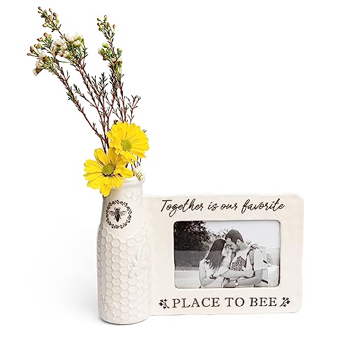 youngs Inc Ceramic Bee Vase w/Photo Frame, White, Black, 11.25" Length x 3.00" Width x 8.00" Height - color: Vase Photo Frame