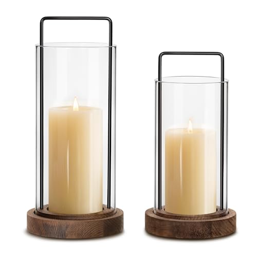 Houmury Set of 2 Brown Hurricane Candle Holders Lantern 12” & 10”with Wood Base Metal Handle Glass Cylinder Modern Farmhouse Decor for Home Decor, Table Centerpieces (Brown) - color: Brown