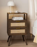 JOONEE Rattan Nightstand,Farmhouse Bedside Table with 2 Storage Drawer and Open Wood Shelf, for Bedroom and Small Spaces,Night Stand with Solid Wood Legs (Walnut Brown) - color: Walnut Brown