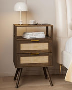 JOONEE Rattan Nightstand,Farmhouse Bedside Table with 2 Storage Drawer and Open Wood Shelf, for Bedroom and Small Spaces,Night Stand with Solid Wood Legs (Walnut Brown) - color: Walnut Brown