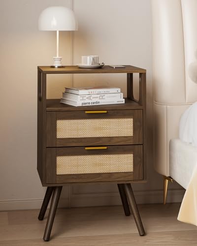 JOONEE Rattan Nightstand,Farmhouse Bedside Table with 2 Storage Drawer and Open Wood Shelf, for Bedroom and Small Spaces,Night Stand with Solid Wood Legs (Walnut Brown) - color: Walnut Brown