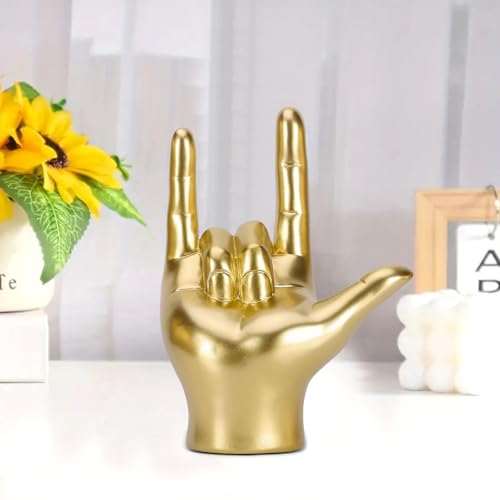 Gold Resin Rock On Hand Gesture Statue - Modern Office Desk Decor & Home Shelf Accents - Rock Culture Music Lovers' Decorative for Living Room, Bookshelf, 6.89"