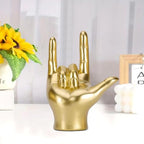 Gold Resin Rock On Hand Gesture Statue - Modern Office Desk Decor & Home Shelf Accents - Rock Culture Music Lovers' Decorative for Living Room, Bookshelf, 6.89"