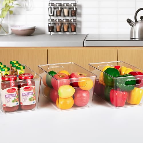 YIHONG 6 Pack Clear Pantry Organizer Bins, Plastic Containers with Handle for Kitchen,Freezer,Cabinet,Closet,Bathroom Under Sink Storage - size: L(11.2"L x 7.5"W x 6"H)