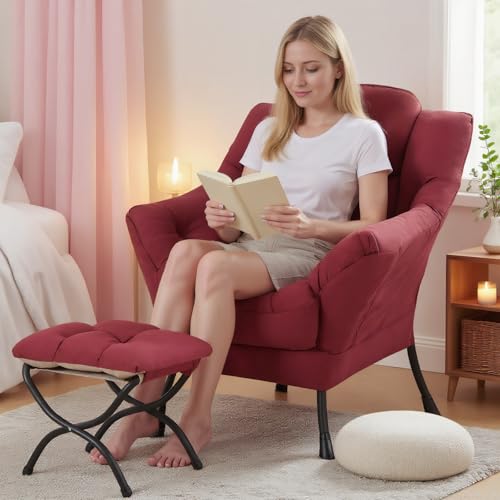 Tiita Lazy Chair with Ottoman, Red Modern Large Accent Chair, Comfy Leisure Sofa Armchair with Ottoman, Reading Chair with Footrest for Bedroom, Living Room, Dorm Rooms, Wine red - color: Burgundy
