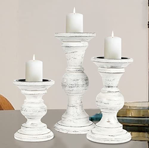 Candle Stands Wooden for Pillar Candles,Rounded Turned Colums, Sustainable Woods, Country Style, Ideal for Reiki, Aromatherapy, Votive Candle Gardens Home décor - 10,8,6 Inch Set of 3 - Antique White - color: Antique White, size: 10,8,6 Inch Mid Rib