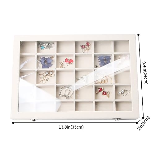 Stratalife Jewelry Organizer Jewelry Tray with See-through Lid 24 Grids Earring Display Showcase Large Velvet Storage Box for Earring Necklace Rings Dice Beige - color: Beige, size: 24 Grid