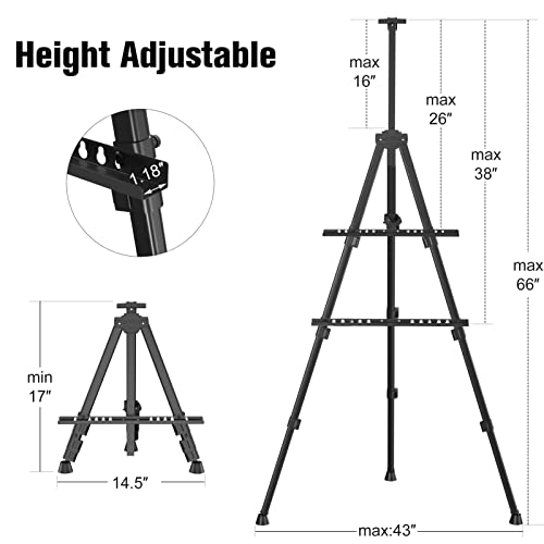 Art Painting Artist Easel Stand, Portable Adjustable Aluminum Metal Tripod Display Easel with Bag, Height from 17 to 66 inch for Table-Top/Floor Drawing and Displaying, Black - style: Black - 1pack