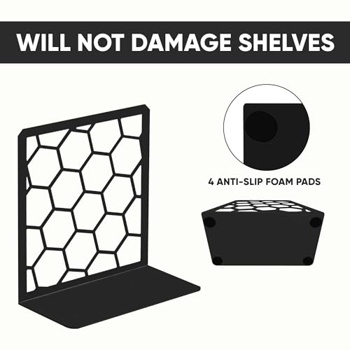 GEOMOD Geometric Honeycomb Black Metal Bookends Decorative - Tall Sturdy Book Ends for Shelves - Modern Heavy Duty Bookend Stopper - Office or Home Book Shelf Book Holder - 6x3.25x6.25 Inches - 1 Pair - color: Black, size: 1 Pair, style: Honeycomb