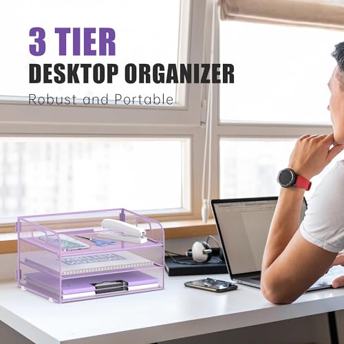 DALTACK 3 Tier Paper Organizer with Handle, Mesh Metal Desk Organizer with Sliding Paper Trays for Letter/A4 Paper, Mail, Bills & Folders, Purple - color: Purple