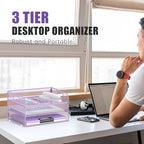 DALTACK 3 Tier Paper Organizer with Handle, Mesh Metal Desk Organizer with Sliding Paper Trays for Letter/A4 Paper, Mail, Bills & Folders, Purple - color: Purple