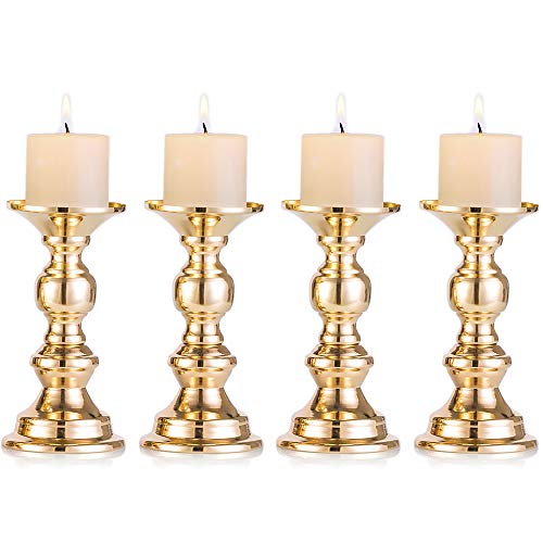 Set of 4 Gold Metal Pillar Candle Holders, Wedding Centerpieces Candlestick Holders for 2 inches Candles Stand Decoration Ideal for Weddings, Special Events, Parties - color: Gold, size: 4 Pcs