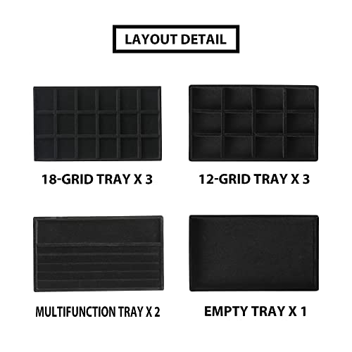 Frebeauty Jewelry Organizer Tray,Stackable Velvet Jewelry Trays,Drawer Inserts Earring Organizer For Women Jewelry Storage Display Case for Rings Stud Necklaces,Set of 9(Black) - color: Black, size: Set 9