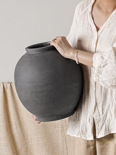 Black Ceramic Vase - Large 12.5 Inch Round Floor Vase for Centerpieces, Farmhouse Flower Vases, Rustic Minimalist Home Decor,Sandstone Dark Grey - color: Sandstone Dark Grey, size: 12.5 inch