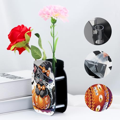 5D Diamond Painting Kit Vase, Halloween DIY cat and Pumpkin Diamond Art for Adult Beginners Acrylic Special Shaped Double-Sided Vase Handmade Crafts, Suitable for Home Living Room Desktop Decoration - color: Halloween