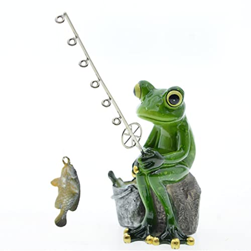 Queemie® Funny Fishing Frogs Statues, 2pcs Mascot Animals Ornaments Anglers Lovers Collectible Figurines Sculptures for Outdoor Lawn Yard Garden Home Office Desk Decoration