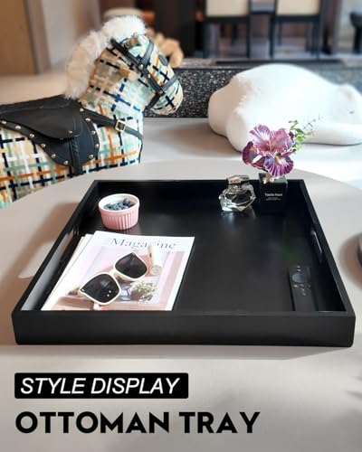 22 Inches Square Wood Ottoman Tray Black, Extra Large Wooden Serving Tray with Handles for Living Room, Serving Food Breakfast, Ottoman Coffee Table Couch Sofa Kitchen - size: 22" x 22" x 2.2"