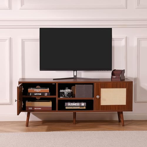 VEVOR Rattan TV Stand, Boho TV Cabinet for 55 inch TV, Mid Century Modern TV Stand, Rattan TV Console with Adjustable Shelfs for Living Room, Media Room, Walnut - color: Walnut, size: for 55" TVs