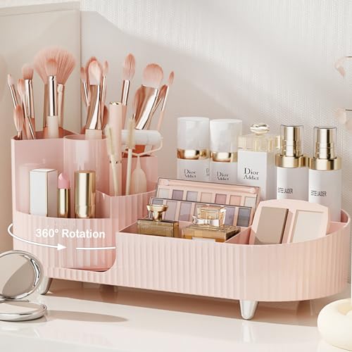 Pink Rotating Vanity Organizer with Brush Holder - Large Spinning Cosmetic Storage, Countertop Makeup & Skincare Organizer, Perfume & Lotions Display Case - color: Pink