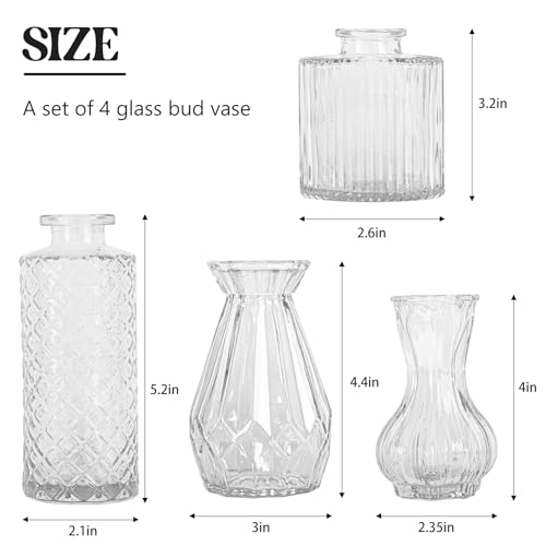 Set of 4 Glass Bud Vase Set, Small Vintage Clear Flower Vase Centerpieces for Table Bulk Cute Rustic Style Mini Vase for Home Decor Wedding Baby Shower Birthday Party - color: Clear