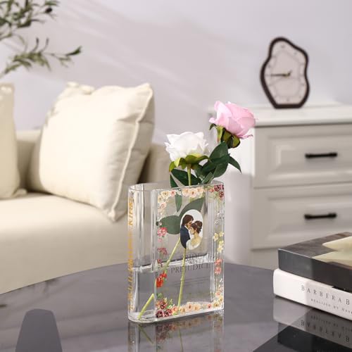 Book Vase for Flowers, Glass Book Shaped Vase, Clear Flower Vases, Large Glass Vases for Home, Office, Bedroom, Living Room, Dining Table, Bookshelf(Pride) - color: Pride&prejudice, size: Glass-7.8"