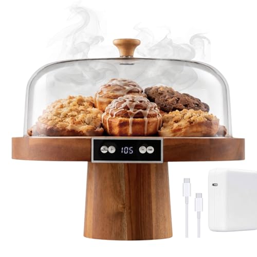 Velvera Heated Cake Stand with Dome, Cordless Food Warmer, Adjustable Temperature up to 180°F, Wooden Cake Display Stand for Cakes, Brownies, Pastries, Muffins & Cookies