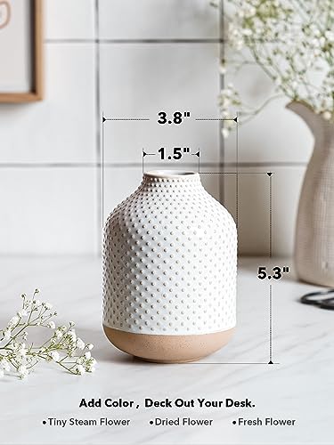 Boho Flower Vase - 5.3 Inch Ceramic White Vase for Pampas Grass, Eucalyptus & Bouquets, Small Home Decor Vases with Dot Embossment, Rustic Farmhouse Centerpiece - style: Dot