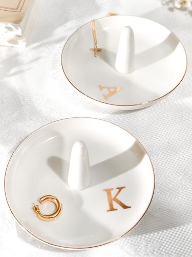 Ceramic Initials Jewelry Tray Ring Dish With Personalized E-Monogrammed Engagement Wedding Gifts, for Birthday Mother's Day for Women, Ceramic White 4.7" x2.4" - style: E