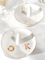 Ceramic Initials Jewelry Tray Ring Dish With Personalized T-Monogrammed Engagement Wedding Gifts, for Birthday Mother's Day for Women, Ceramic White 4.7" x2.4" - style: T