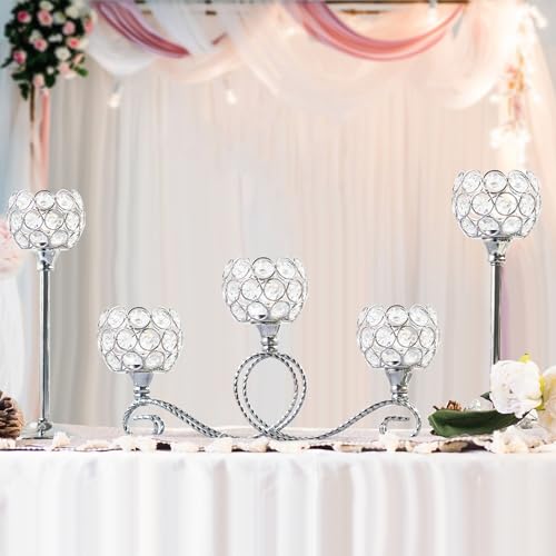 Silver 5 Arm Metal Crystal Tea Light Candle Holder, Elegant Wedding Table Centerpiece Candle Holder, Christmas Wishing Crystal Bowl Candle Holder Suitable for Wedding Party Living Room Decoration - color: Silver, size: Set of 3