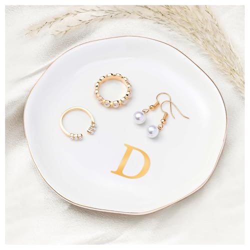 ProCase Ceramic Jewelry Tray, Initial Ring Dish Trinket Plate Engagement Gift, Small Personalized Monogram Ring Bowl for Wedding, White Decorative Jewelry Holder for Women Vanity -Letter D - style: D