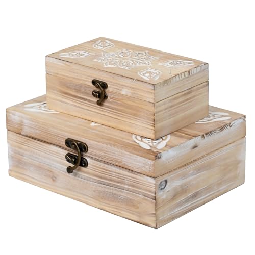 DECOR4SEASON Mandala Carved Wooden Box Set of 2, Rustic Decorative Storage Boxes with Metal Latch, Handcrafted Mandala Flower Design Keepsake Boxes for Jewelry, Photos, Home Decor, Coffee Table - color: Distressed Off-White, size: S&M