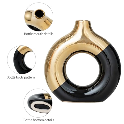 White and Gold Donut Vase, Modern Ceramic Vase for Pampas Grass, Perfect Centerpiece for Weddings, Living Room, and Office Decor (Black Gold, S) - color: Black Gold, size: Small
