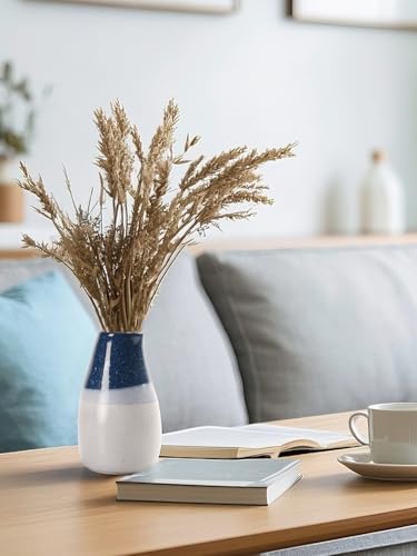 Ceramic Vase – 5.9” Tall Handmade Blue and White Glazed Pottery for Home Decor – Modern Asymmetrical Flower Vase for Living Room, Shelf, Table Centerpiece – 18oz / 500ml