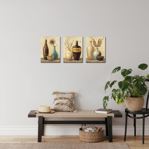 sechars Vintage Vase Wall Art Farmhouse Flowers Pampas Grass Painting Canvas Pictures Retro Brown Aesthetic Artwork Living Room Bedroom Decor (Brown, Small)