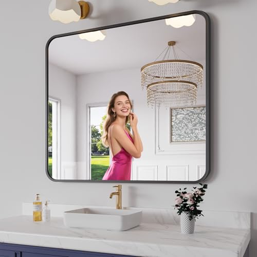 Koonmi Bathroom Mirror, 36X40 Brushed Black Rectangle Wall Mirror, HD Tempered Glass, Anti-Rust Frame Vanity Mirror, Rounded Rectangle Mirror for Restroom, Bedroom, Hangs Horizontal or Vertical - color: Rounded Edged, size: 40"L x 36"W