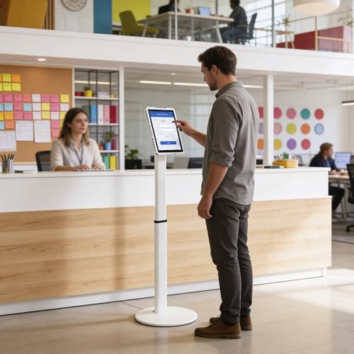 Mount-It! Anti-Theft Universal Tablet Floor Stand Kiosk, Locking Enclosure for iPad, Galaxy Tab & Surface Pro 9.7"–13.1", Height Adjustable 27.5"–47", Commercial Kiosk Stand, White - color: White