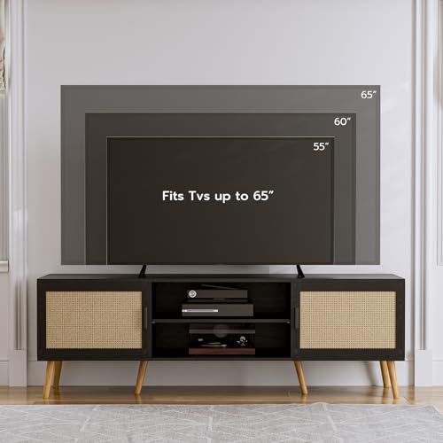 TV Stand for TVs up to 60 Inch, Modern Entertainment Center with Storage, Media Console Table with 2 Cabinets & Shelves, Wooden TV Stand for Living Room Bedroom, Black - color: Black
