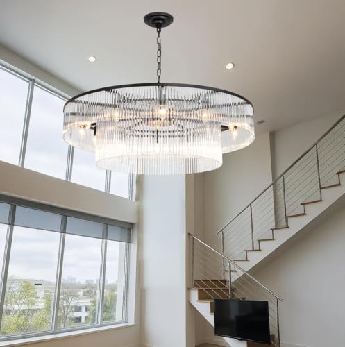 Black Glass Chandelier, Large Modern 2-Tier Glass Rod Chandelier Lighting for High Ceiling Foyer Hall Staircase, 12-Light Round Hanging Ceiling Light Fixture 39" - size: Large Black (39" x 70")